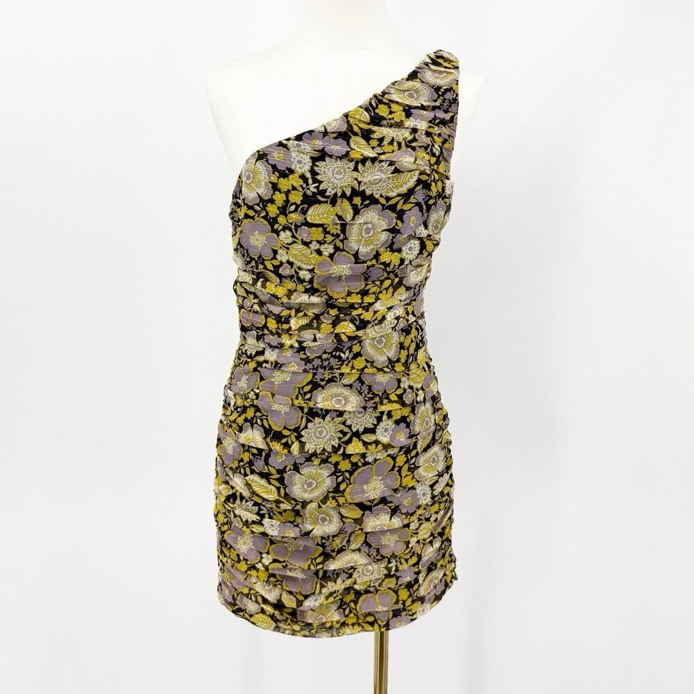 Zara One Shoulder Floral Ruched Mini Dress S Metallic Baroque Whimsigoth Date